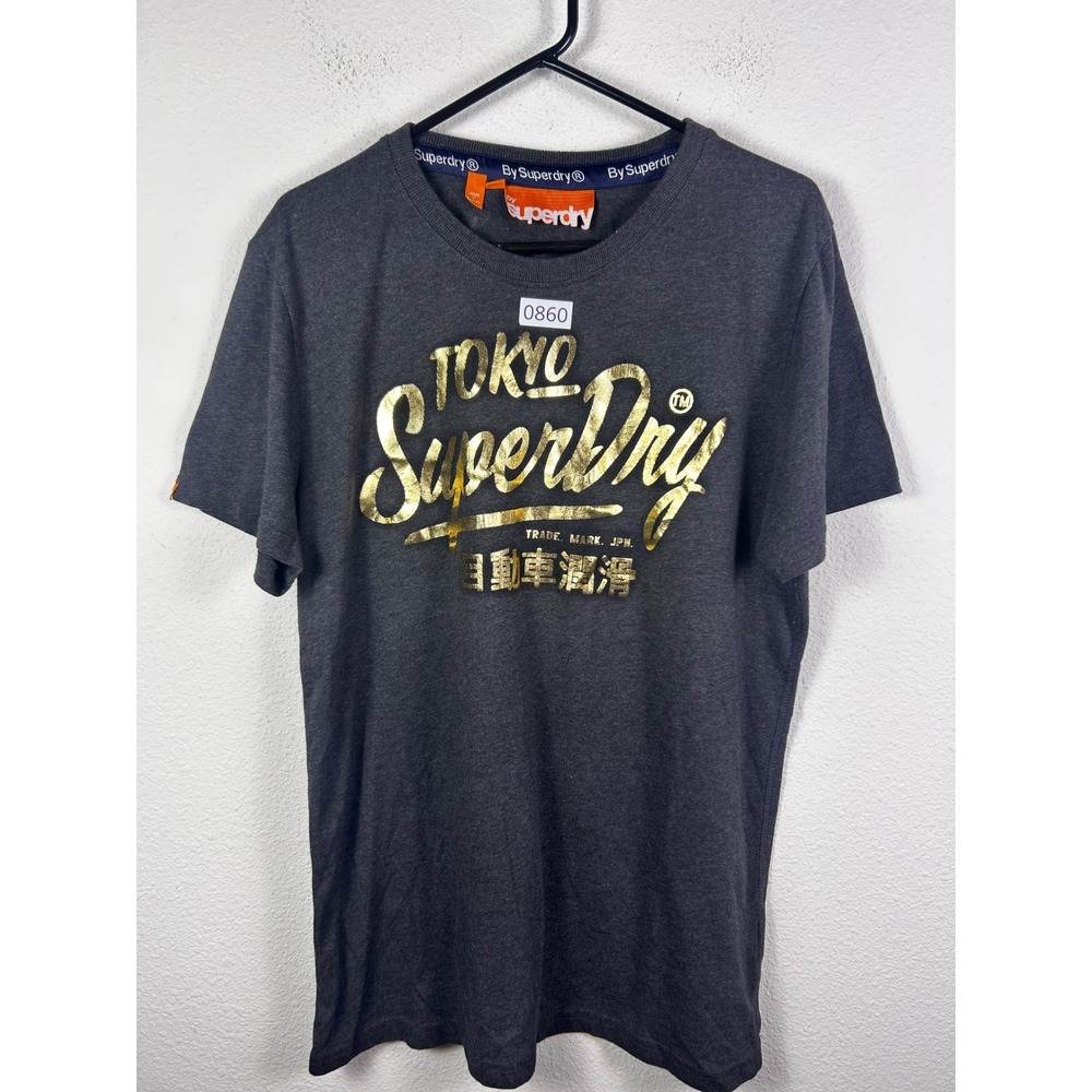 Superdry Tokyo Graphic T-Shirt Mens XL Charcoal Grey Gold Foil Logo Short Sleeve